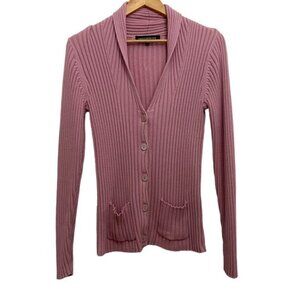 Contemporaine pink knit cardigan button closure 100% cotton front pockets medium